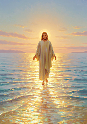 JPG 전통 종교 예술 바다 상징 일러스트 하늘 사람 풍경 물 빛 평화 걷기 일출 고요 표현 예수 황금 장면 신성 국내일러스트 AI일러스트 AI콘텐츠 자연요소 컨셉 모션 노을 신_종교 파일형식