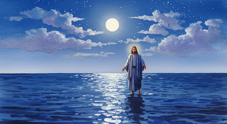 JPG 별 기독교 종교 물결 예술 바다 일러스트 자연 밤하늘 이야기 평화 걷기 성경 희망 달 예수 신비 기적 그림 국내일러스트 AI일러스트 AI콘텐츠 자연요소 감정 컨셉 종교용품 모션 하늘 신_종교 야간 생태계 파일형식