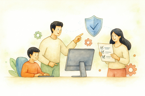 JPG 아들 일러스트 가족 엄마 함께함 기술 안전 컴퓨터 디지털 스크린 자료 정보 아빠 토론 보안 의견 점검 소프트웨어 체크리스트 프로젝트 국내일러스트 AI일러스트 AI콘텐츠 컨셉 관계 전자제품 파일형식