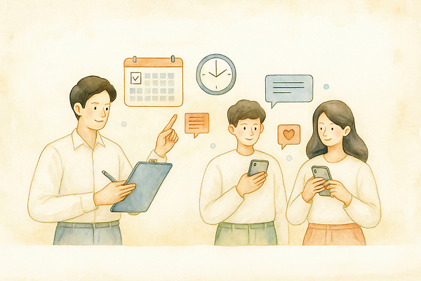 JPG 문자 여자 남자 시계 일러스트 모션 기술 관리 대화 사람 일상 친구 스마트폰 정보 달력 시간 어플리케이션 계획 소통 국내일러스트 AI일러스트 AI콘텐츠 컨셉 관계 말하기 라이프 핸드폰 스마트기기 파일형식