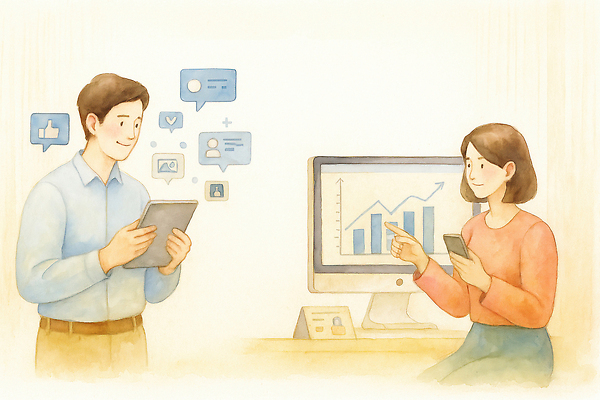 JPG 여자 남자 일러스트 비즈니스 커뮤니케이션 그래프 협력 기술 실험 대화 스마트폰 태블릿 디지털 자료 정보 분석 전략 소통 분석가 국내일러스트 AI일러스트 AI콘텐츠 직업 컨셉 말하기 사람 전자제품 핸드폰 스마트기기 파일형식