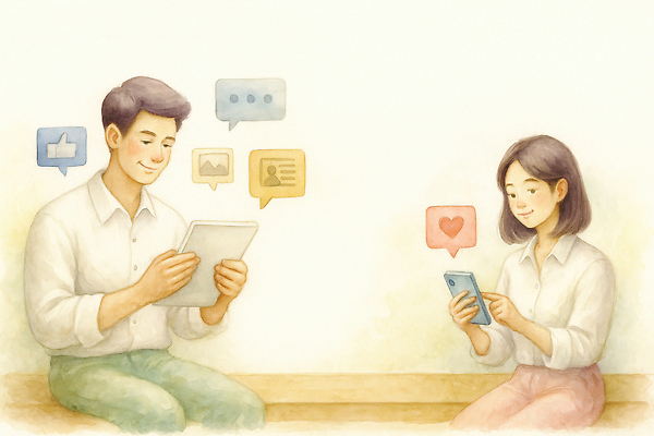 JPG 여자 남자 감정 일러스트 관계 기술 대화 사랑 여러명 일상 친구 스마트폰 태블릿 디지털 스크린 정보 편안함 온라인 소통 국내일러스트 AI일러스트 AI콘텐츠 다수 컨셉 말하기 사람 라이프 전자제품 핸드폰 스마트기기 감각 파일형식