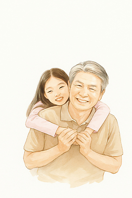 JPG 할아버지 노년 행복 감정 어린이 일러스트 가족 포옹 손녀 따뜻함 사랑 미소 웃음 표현 즐거움 그림 순간 유대감 국내일러스트 AI일러스트 AI콘텐츠 여자 남자 관계 안기 표정 사람 성인 손주 파일형식