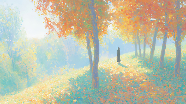 JPG 나무 길 여유 컬러 백그라운드 단풍 일러스트 자연 나뭇잎 사람 풍경 빛 햇빛 평화 걷기 산책 가을 조용 뷰티풀 국내일러스트 AI일러스트 AI콘텐츠 식물 계절 감정 컨셉 잎 모션 휴식 태양 생태계 파일형식