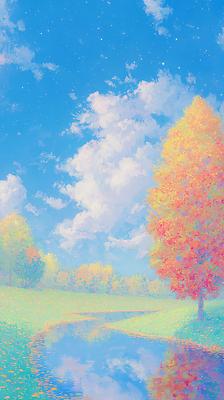 JPG 나무 컬러 단풍 일러스트 자연 하늘 풍경 잔디 빨간색 물 파란색 반짝임 햇빛 반사 노란색 평화 가을 조화 클라우드서비스 뷰티풀 청명 국내일러스트 AI일러스트 AI콘텐츠 자연요소 식물 계절 컨셉 잎 모션 태양 서비스 생태계 파일형식