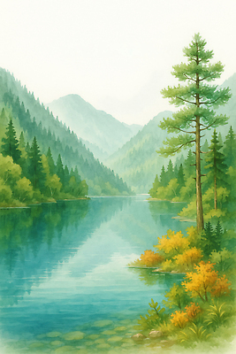 JPG 나무 호수 여행 일러스트 자연 휴식 산 풍경 초록색 물 여름 강 야외활동 평화 자연보호 탐험 숲 생태계 뷰티풀 청명 국내일러스트 AI일러스트 AI콘텐츠 자연요소 식물 계절 컬러 컨셉 보호 파일형식