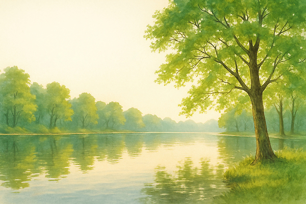 JPG 나무 일러스트 자연 생명 한국 풍경 초원 초록색 물 여름 강 햇빛 반사 평화 정원 고요 저녁 강가 수목 차분 국내일러스트 AI일러스트 AI콘텐츠 자연요소 식물 계절 아시아 컬러 컨셉 태양 야간 생태계 파일형식