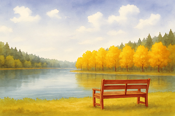 JPG 나무 호수 물결 컬러 벤치 일러스트 자연 하늘 단풍나무 휴식 풍경 야외 반사 평화 고요 산책 뷰티풀 치유 국내일러스트 AI일러스트 AI콘텐츠 식물 컨셉 단풍 의자 생태계 파일형식