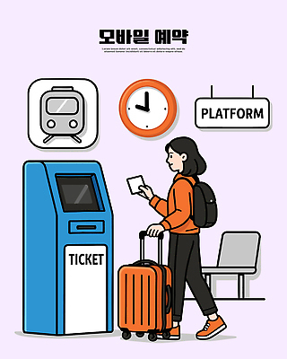여자 시계 여행 이동 벤치 일러스트 대중교통 여행객 여행가방 기차 짐 티켓 플랫폼 도착 출발 기차역 예약 여객 여행준비 편의시설 국내일러스트 AI파일 육상교통 교통수단 컨셉 의자 가방 교통시설 사람 역 준비 시설 파일형식 벡터
