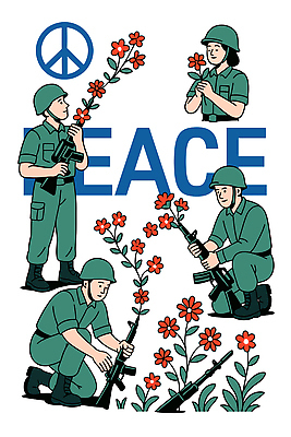 꽃 상징 백그라운드 일러스트 하늘 군대 대화 여러명 그래픽 초록색 평화 군인 기도 표현 군복 화합 소총 전사 수공예 국내일러스트 AI파일 식물 직업 컬러 다수 컨셉 유니폼 말하기 사람 총 공예 국군 파일형식 벡터