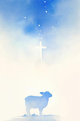 JPG 동물 별 기독교 종교 백그라운드 십자가 일러스트 자연 하늘 풍경 초원 여름 파란색 평화 일몰 양 신비 묘사 그림 몽환 국내일러스트 AI일러스트 AI콘텐츠 자연요소 계절 컬러 컨셉 포유류 노을 생태계 파일형식