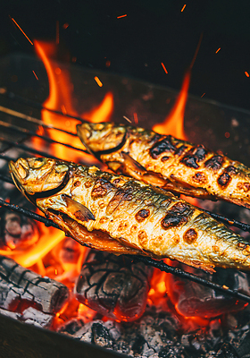 JPG 편집이미지 가족 불꽃 육류 어류 요리 야외 여름 친구 캠핑 맛 저녁 바비큐 구이 숯불 훈제 편집실사 AI포토 AI콘텐츠 계절 음식 컨셉 식재료 관계 불 레저 수중동물 야간 CG 파일형식