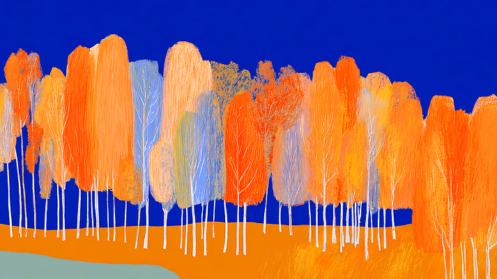 JPG 나무 예술 줄기 컬러 잎 일러스트 자연 하늘 풍경 파란색 가을 숲 작품 조화 구도 뷰티풀 국내일러스트 AI일러스트 AI콘텐츠 식물 계절 미술 생태계 파일형식