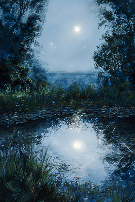 JPG 나무 별 일러스트 자연 하늘 조명 미소 풍경 물 여름 반사 고요 연못 달빛 뷰티풀 색감 차분 국내일러스트 AI일러스트 AI콘텐츠 자연요소 식물 계절 컨셉 표정 달 생태계 파일형식