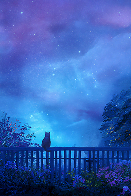 JPG 나무 사계절 꽃 별 여유 일러스트 난간 자연 하늘 조명 풍경 평화 귀여움 정원 고양이 소리 은하수 여름밤 국내일러스트 AI일러스트 AI콘텐츠 자연요소 식물 계절 감정 컨셉 포유류 여름 반려동물 야간 생태계 파일형식