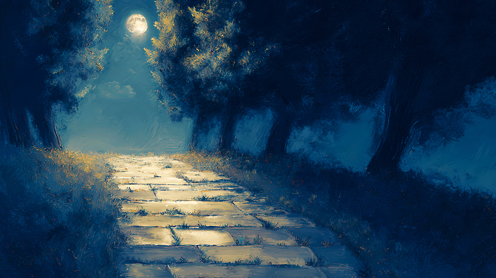 JPG 별 여유 일러스트 자연 하늘 조명 그림자 풍경 걷기 고요 산책 산책로 편안함 달빛 조용 돌길 뷰티풀 차분 국내일러스트 AI일러스트 AI콘텐츠 자연요소 감정 길 컨셉 모션 휴식 달 감각 생태계 파일형식