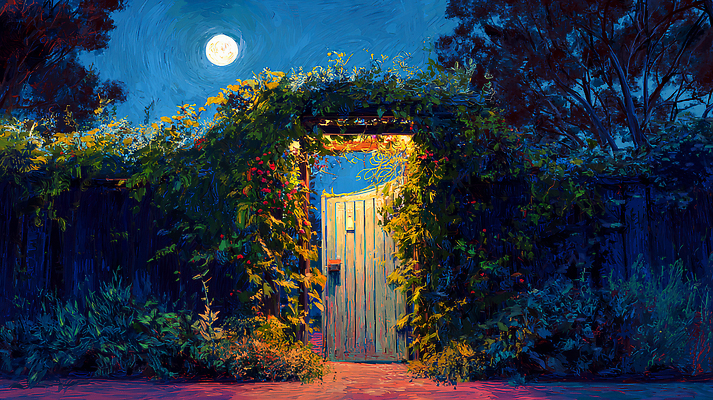JPG 식물 일러스트 자연 생명 조명 풍경 여름 문 정원 고요 공간 회색 분위기 포근함 신비 시원함 달빛 허브 나무문 뷰티풀 국내일러스트 AI일러스트 AI콘텐츠 계절 컬러 컨셉 목재 달 감각 생태계 파일형식