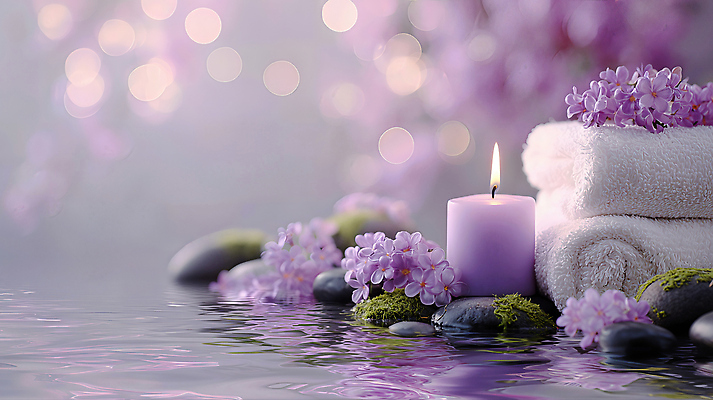 JPG 편집이미지 꽃 초 자연 휴식 수건 평화 보라색 스파 돌_바위 물가 편안함 오브젝트 힐링 향기 이미지편집 AI포토 AI콘텐츠 식물 컬러 컨셉 풍경 위생용품 감각 생태계 냄새 파일형식