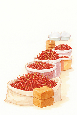 JPG 전통 문화 한식 음식 채소 일러스트 식재료 재료 고추 한국 요리 농작물 신선 된장 시장 향신료 매움 방문 국내일러스트 AI일러스트 AI콘텐츠 아시아 농업 양념 맛 향미료 파일형식