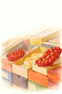 JPG 전통 접시 음식 컬러 과일 일러스트 재료 포장 딸기 디저트 한국 상자 신선 시장 달콤 즐거움 만두 특산물 향기 먹거리 국내일러스트 AI일러스트 AI콘텐츠 식기 감정 아시아 맛 냄새 파일형식