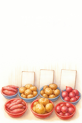 JPG 음식 컬러 채소 일러스트 양파 감자 농작물 농사 시장 크기 준비 고구마 정리 건강식 원산지 국내일러스트 AI일러스트 AI콘텐츠 농업 뿌리채소 파일형식