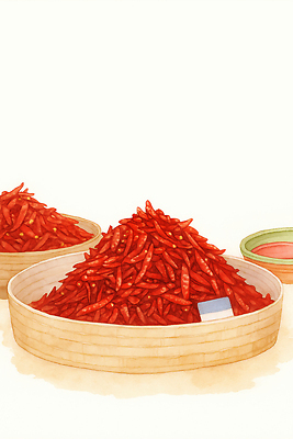 JPG 전통 한식 음식 채소 일러스트 식재료 고추 요리 빨간색 바구니 신선 고추장 시장 맛 향신료 레시피 재래시장 국내일러스트 AI일러스트 AI콘텐츠 컬러 컨셉 양념 향미료 파일형식