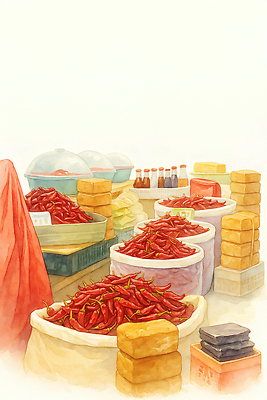 JPG 전통 음식 컬러 일러스트 재료 고추 한국 판매 바구니 상점 전시 활발 체험 시장 향신료 비빔밥 자루 제철 국내일러스트 AI일러스트 AI콘텐츠 아시아 한식 컨셉 채소 향미료 파일형식