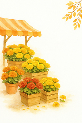 JPG 식물 꽃 화분 여유 컬러 단풍 꽃밭 일러스트 자연 국화 풍경 노란색 정원 농사 주황색 가을 편안함 나무상자 친환경 조화 국내일러스트 AI일러스트 AI콘텐츠 계절 감정 잎 농업 상자 환경 감각 생태계 파일형식
