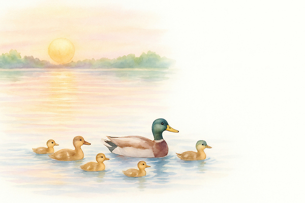 JPG 이동 일러스트 가족 자연 생명 풍경 물 여름 강 햇빛 태양 평화 수영 가을 둥지 저녁 즐거움 생태계 오리새끼 국내일러스트 AI일러스트 AI콘텐츠 자연요소 계절 감정 새끼 컨셉 관계 오리 수상스포츠 야간 파일형식