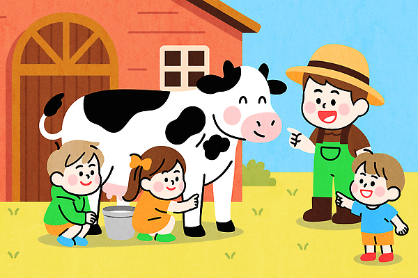 교육 일러스트 모션 자연 놀이 협력 웃음 친구 학습 농장 우유 시간 체험학습 체험 소 농부 즐거움 소통 돌봄 국내일러스트 AI파일 직업 감정 컨셉 농업 포유류 관계 유제품 표정 생태계 파일형식 벡터