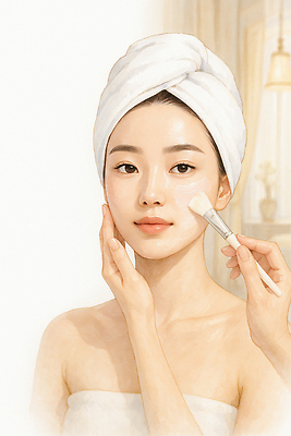 JPG 여자 여유 일러스트 아침 뷰티 화장품 거울 편안함 집중 피부 피부관리 일과 스킨케어 기초화장품 안락 국내일러스트 AI일러스트 AI콘텐츠 주간 감정 컨셉 사람 신체부위 감각 파일형식