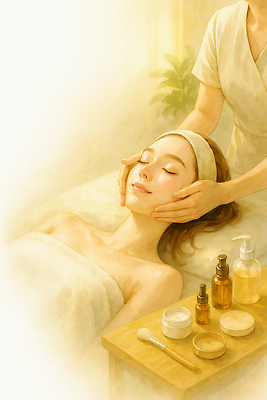 JPG 여자 일러스트 자연 병원 치료 뷰티 스파 마사지 편안함 피부관리 힐링 스킨케어 아로마테라피 테라피 보습 스트레스해소 아로마오일 차분 국내일러스트 웰니스 AI일러스트 AI콘텐츠 컨셉 의학 사람 감각 오일_화장품 생태계 파일형식