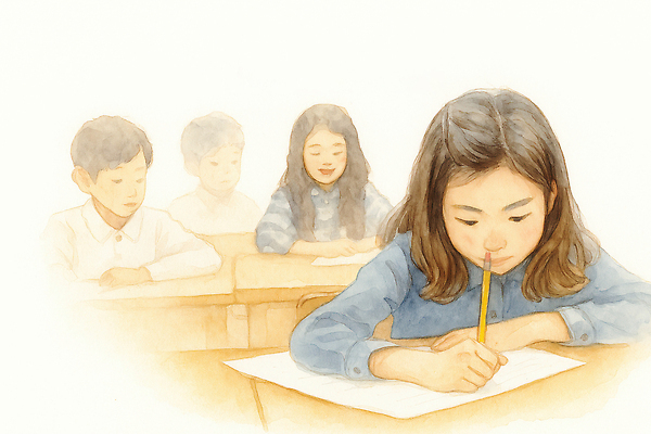 JPG 학생 교육 종이 일러스트 교실 모션 수업 협력 친구 학습 연필 스쿨라이프 교사 시험 시간 분위기 쓰는 집중 준비 노력 국내일러스트 AI일러스트 AI콘텐츠 직업 라이프스타일 컨셉 학교 관계 학용품 필기구 파일형식