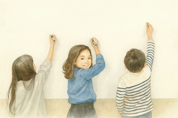 JPG 교육 감정 어린이 벽 컬러 일러스트 모션 놀이 협력 색연필 실내 미술 친구 학습 표현 즐거움 그림 상상력 창의력 국내일러스트 AI일러스트 AI콘텐츠 관계 문화예술 학용품 사람 내부 파일형식