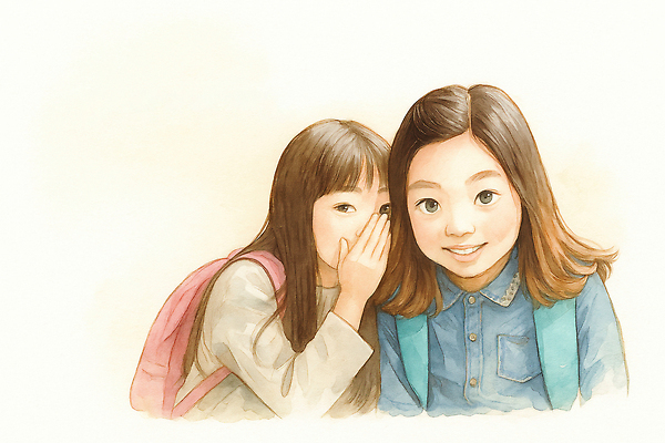 JPG 행복 어린이 가방 일러스트 학교 함께함 표정 이야기 웃음 소녀 일상 친구 우정 만남 비밀 즐거움 장면 소통 순간 국내일러스트 AI일러스트 AI콘텐츠 잡화 여자 교육 감정 컨셉 관계 사람 라이프 파일형식