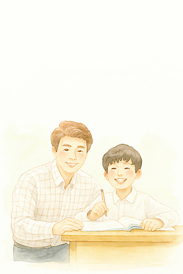 JPG 교육 행복 아들 어린이 일러스트 가족 대화 웃음 학습 부모 기쁨 시간 아빠 집중 과제 소통 교훈 지원 국내일러스트 AI일러스트 AI콘텐츠 감정 컨셉 관계 표정 말하기 사람 파일형식