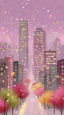 JPG 나무 분홍색 컬러 겨울 일러스트 하늘 조명 거리 풍경 고층빌딩 봄 나뭇가지 도시 눈송이 화려 차가움 뷰티풀 국내일러스트 AI일러스트 AI콘텐츠 식물 계절 컨셉 눈_날씨 빌딩 파일형식