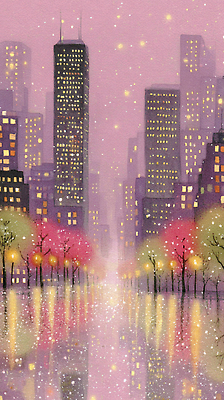 JPG 나무 겨울 일러스트 조명 따뜻함 풍경 빌딩 빛 반사 평화 산책로 도시 도심 저녁 뷰티풀 연말 풍경화 국내일러스트 AI일러스트 AI콘텐츠 식물 계절 길 컨셉 건물 야간 그림 파일형식