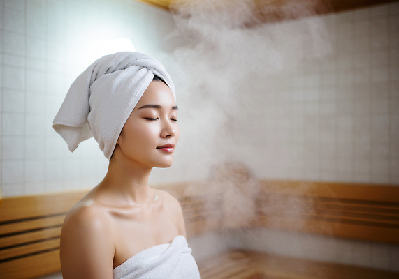 JPG 편집이미지 여자 행복 휴식 건강 스파 고요 수증기 편안함 피부관리 사우나 스트레스해소 의료성형뷰티 편집실사 AI인물포토 AI콘텐츠 감정 컨셉 사람 뷰티 감각 CG 파일형식 AI포토