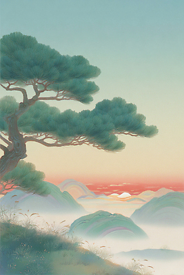 JPG 나무 컬러 일러스트 자연 하늘 아침 미소 풍경 초원 햇빛 평화 고요 안개 소나무 저녁 언덕 모닝 뷰티풀 국내일러스트 AI일러스트 AI콘텐츠 주간 식물 컨셉 날씨 표정 태양 야간 생태계 파일형식