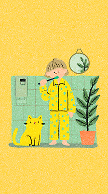 JPG 식물 동물 어린이 가구 일러스트 가족 아침 주택 일상 생활 파란색 노란색 귀여움 고양이 청결 활발 방 양치 씻기 국내일러스트 AI일러스트 AI콘텐츠 주간 컬러 생활용품 컨셉 포유류 관계 사람 건물 라이프 반려동물 위생 파일형식