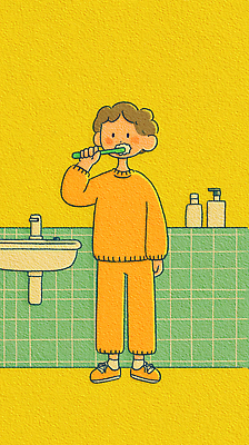 JPG 헤어스타일 옷 행복 백그라운드 일러스트 모션 아침 표정 소년 일상 초록색 위생용품 욕실 금색 양치 시간 상품 타일 세면대 장면 국내일러스트 AI일러스트 AI콘텐츠 주간 남자 감정 어린이 컬러 생활용품 라이프 청결 파일형식