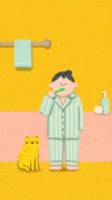 JPG 동물 분홍색 일러스트 가족 아침 사람 일상 생활 귀여움 주황색 고양이 청결 양치 붓 편안함 세면대 화장실 피로회복 국내일러스트 AI일러스트 AI콘텐츠 주간 컬러 컨셉 포유류 관계 라이프 반려동물 감각 위생 회복 파일형식