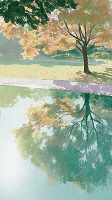 JPG 나무 공원 컬러 잎 일러스트 자연 풍경 초록색 햇빛 반사 환경 고요 산책 금색 가을 연못 조화 뷰티풀 청명 차분 국내일러스트 AI일러스트 AI콘텐츠 식물 계절 공공시설 컨셉 휴식 태양 생태계 파일형식