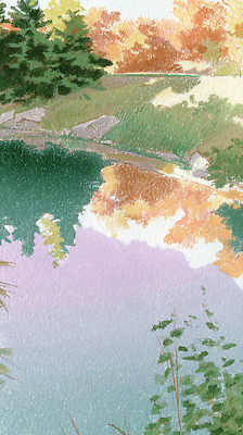 JPG 나무 호수 컬러 단풍 일러스트 자연 나뭇잎 한국 풍경 빨간색 초록색 반사 노란색 고요 가을 물가 조화 풍경화 국내일러스트 AI일러스트 AI콘텐츠 식물 계절 아시아 잎 그림 생태계 파일형식