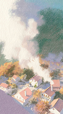 JPG 나무 일러스트 자연 주택 따뜻함 풍경 평화 마을 고요 가을 농촌 시골 연기 조화 산촌 오후 스타일 국내일러스트 AI일러스트 AI콘텐츠 식물 계절 컨셉 건물 생태계 파일형식