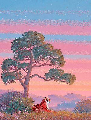 JPG 나무 동물 예술 일러스트 자연 하늘 풍경 초원 평화 일몰 시간 호랑이 그림 생태계 조화 뷰티풀 색감 국내일러스트 AI일러스트 AI콘텐츠 식물 컨셉 포유류 노을 파일형식