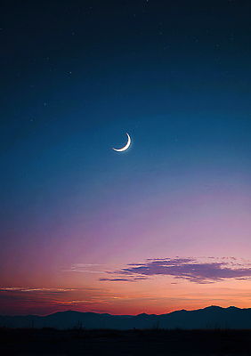 JPG 편집이미지 별 자연 하늘 풍경 평화 노을 어둠 일몰 시간 저녁 초승달 그라데이션 뷰티풀 이미지편집 AI컴퓨터그래픽 AI콘텐츠 자연요소 컨셉 달 야간 생태계 파일형식