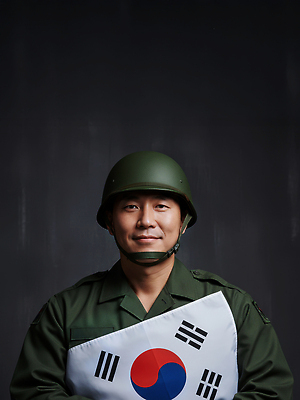 JPG 편집이미지 한국전통 옷 남자 상징 포즈 백그라운드 조명 한국 카메라 어둠 군인 국기 태극기 군복 애국심 국군의날 의료성형뷰티 편집실사 AI인물포토 AI콘텐츠 직업 전통 아시아 유니폼 사람 전자제품 CG 국군 파일형식 법정기념일 AI포토