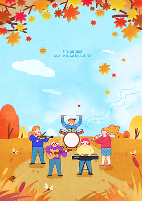 식물 감정 음악 컬러 컨셉 잎 농업 현악기 문화예술 타악기 파일형식 풍경 악기 연주 단풍 나무 하늘 즐거움 농장 파란색 노란색 키보드 드럼 바이올린 기타 함께함 국내일러스트 일러스트 PSD